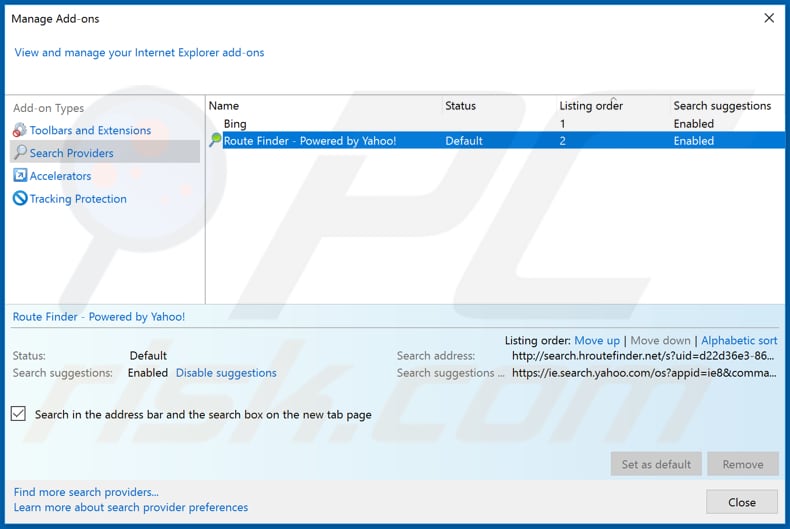 Removing hroutefinder.net from Internet Explorer default search engine