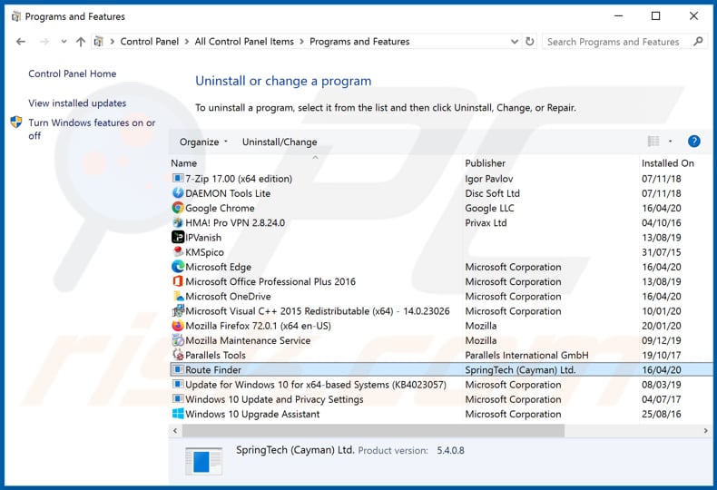 hroutefinder.net browser hijacker uninstall via Control Panel