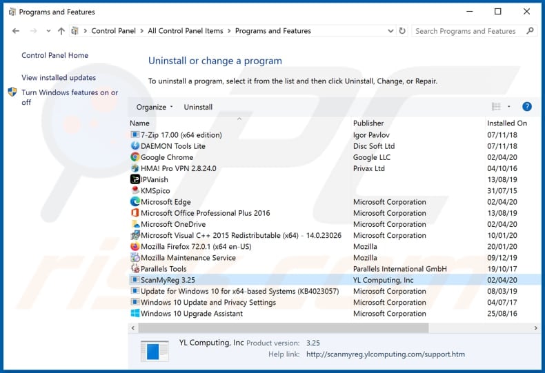 ScanMyReg adware uninstall via Control Panel