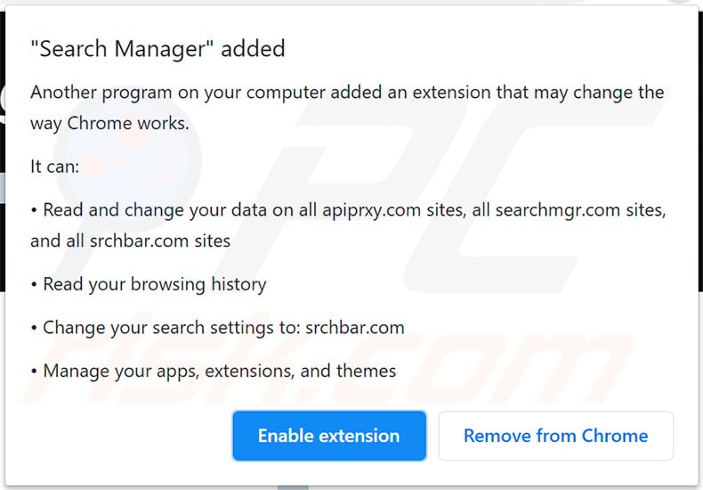 Search Manager asking for Google Chrome permissions