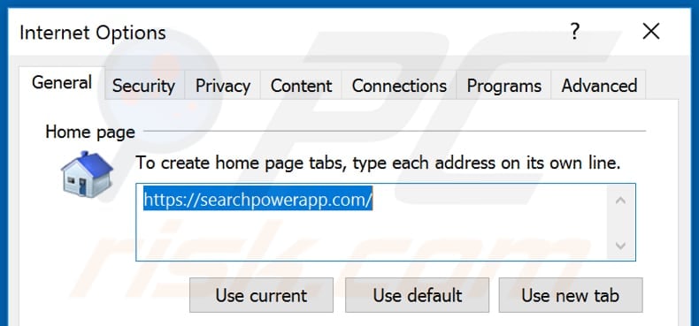 Removing searchpowerapp.com from Internet Explorer homepage