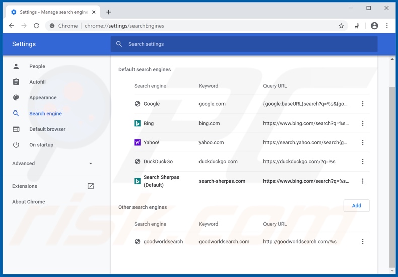 Removing search-sherpas.com from Google Chrome default search engine