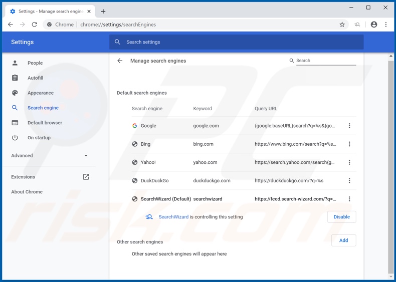 Removing feed.search-wizard.com from Google Chrome default search engine