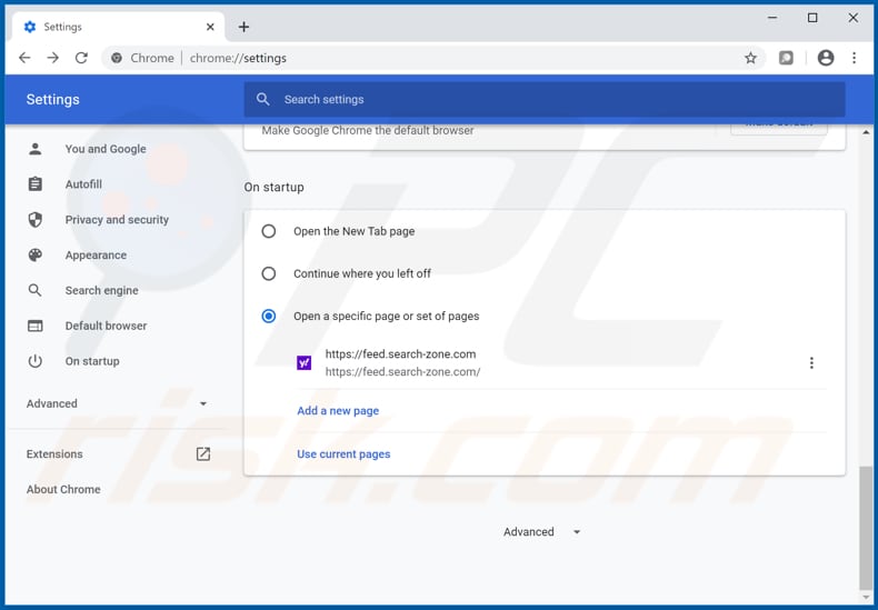 Removing feed.search-zone.com from Google Chrome homepage