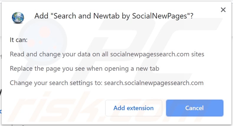 SocialNewPages browser hijacker asking for permissions (Chrome)