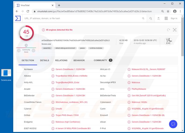 Sorano Stealer malware detection on VirusTotal