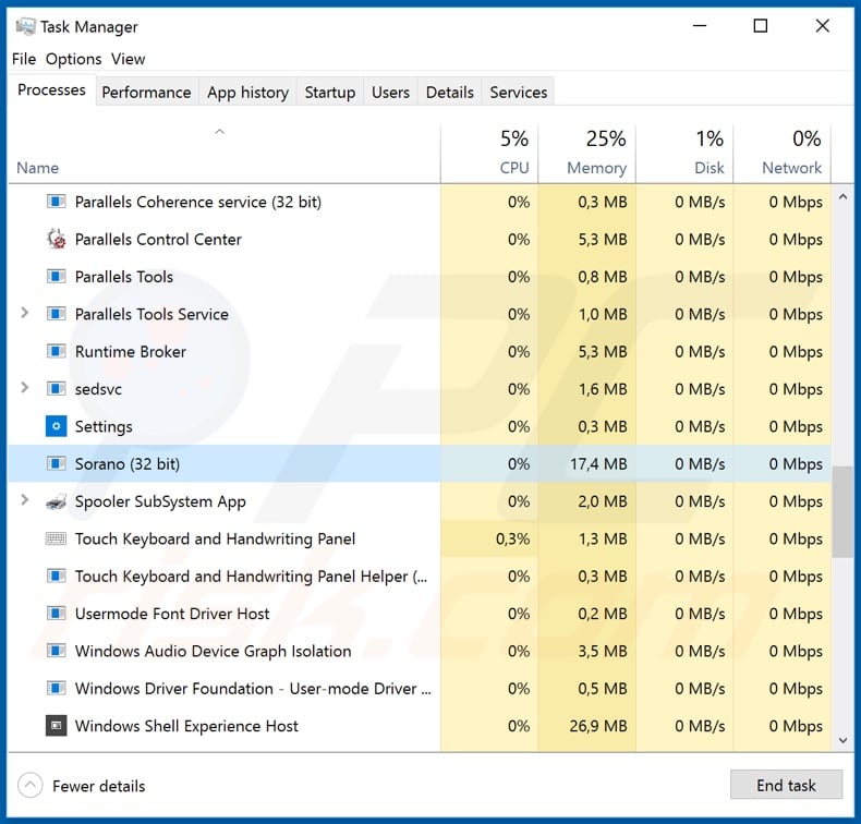 Sorano Stealer malware process on task manager