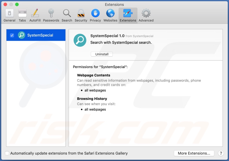 SystemSpecial adware installed on Safari