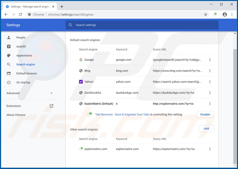 Removing tabrecovery.com from Google Chrome default search engine