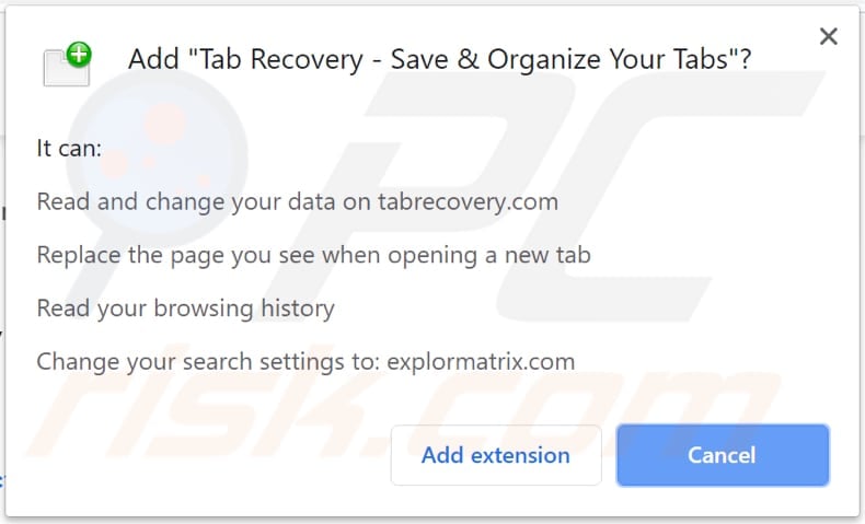 tab recovery browser hijacker asks for a permission to be installed