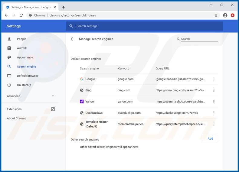 Removing htemplatehelper.co from Google Chrome default search engine