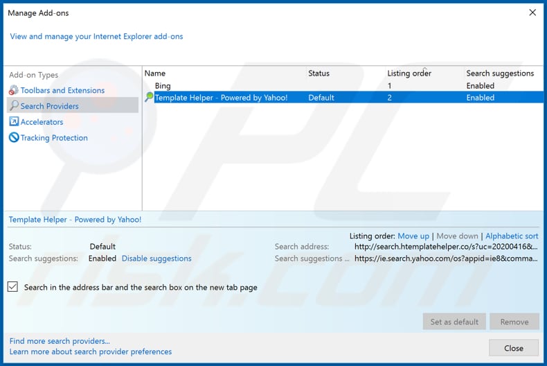Removing htemplatehelper.co from Internet Explorer default search engine