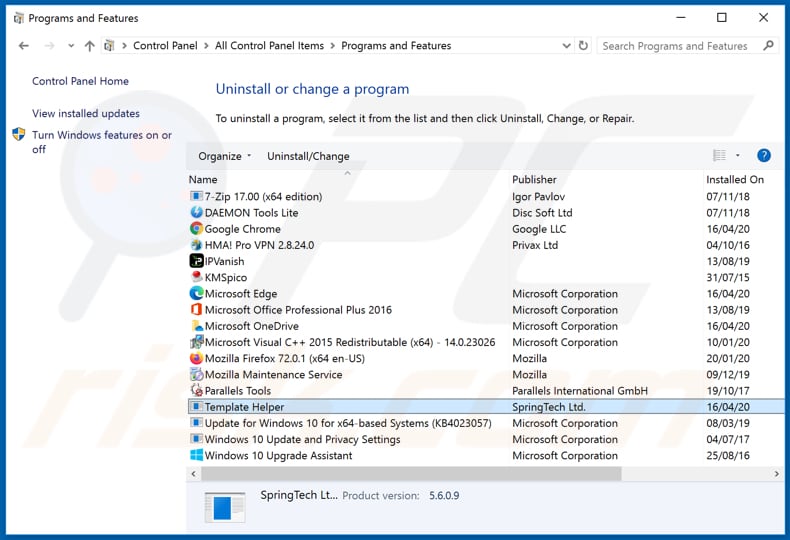 htemplatehelper.co browser hijacker uninstall via Control Panel