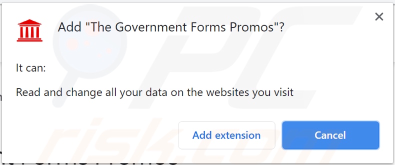The Government Forms Promos adware asking for permissions