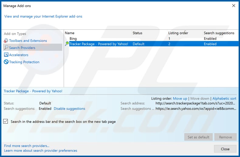 Removing trackerpackage1tab.com from Internet Explorer default search engine