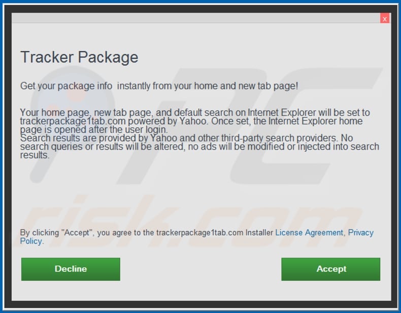 Official Tracker Package browser hijacker installation setup