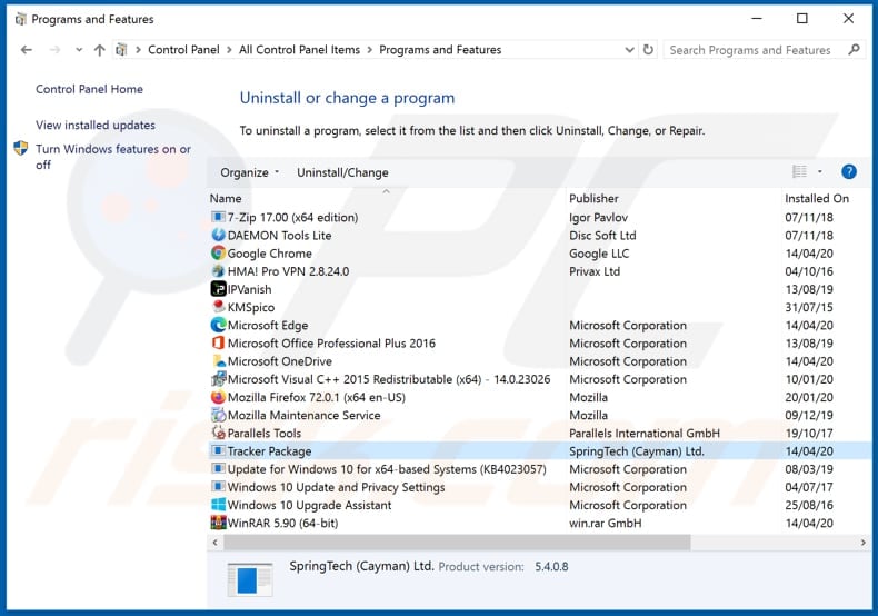 trackerpackage1tab.com browser hijacker uninstall via Control Panel