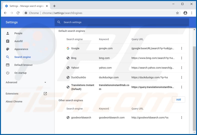 Removing translationsinstanthtab.com from Google Chrome default search engine