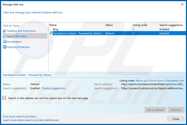 Removing translationsinstanthtab.com from Internet Explorer default search engine
