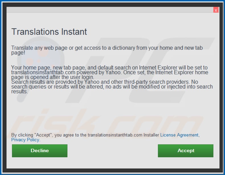 Official Translations Instant browser hijacker installation setup