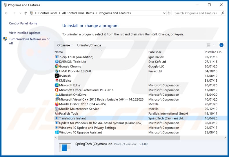 translationsinstanthtab.com browser hijacker uninstall via Control Panel