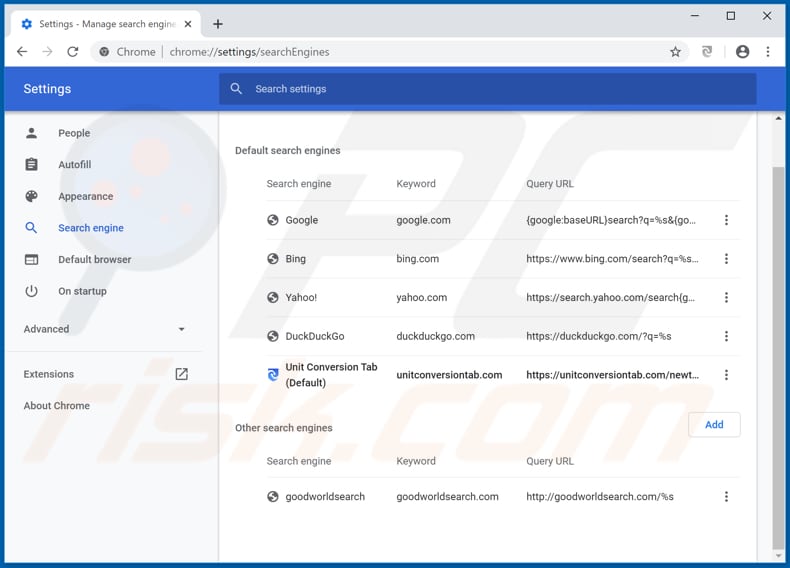 Removing unitconversiontab.com from Google Chrome default search engine