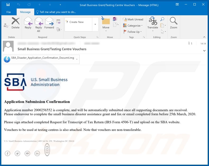 U.S. Small Business Administration Email Virus malware-spreading email spam campaign