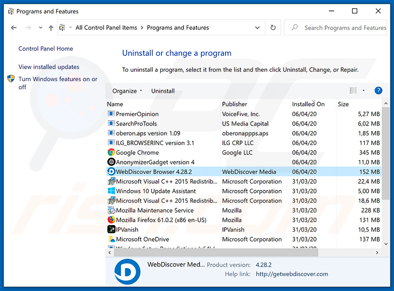 webdiscover browser adware uninstall via Control Panel