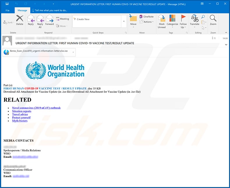 Fake World Health Organization (WHO) spreading Agent Tesla RAT