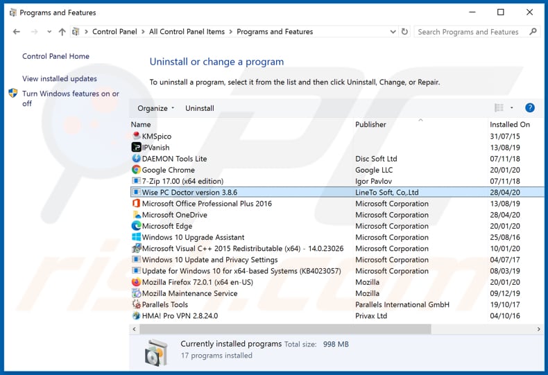 WisePCDoctor adware uninstall via Control Panel