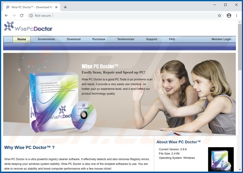 Website used to promote WisePCDoctor PUA