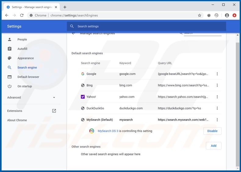 Removing search.mysearch.com from Google Chrome default search engine