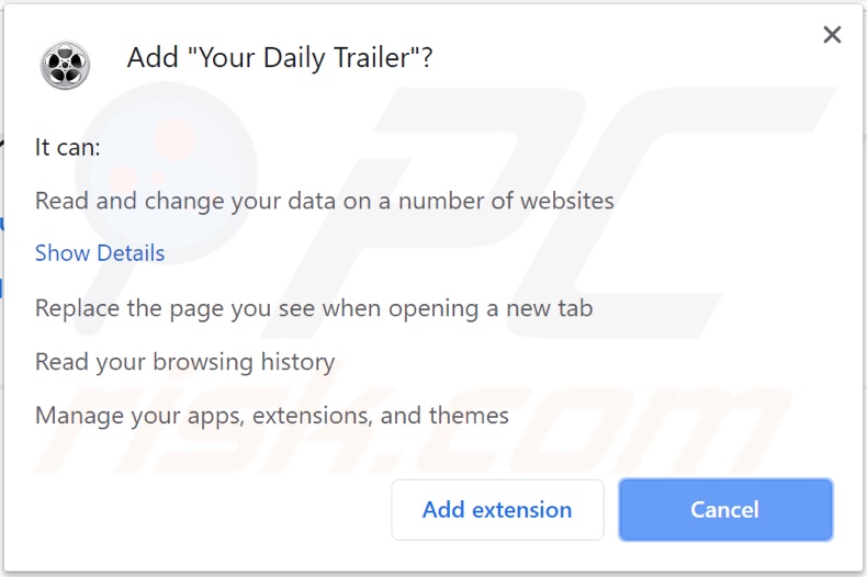 Your Daily Trailer browser hijacker asking for permissions