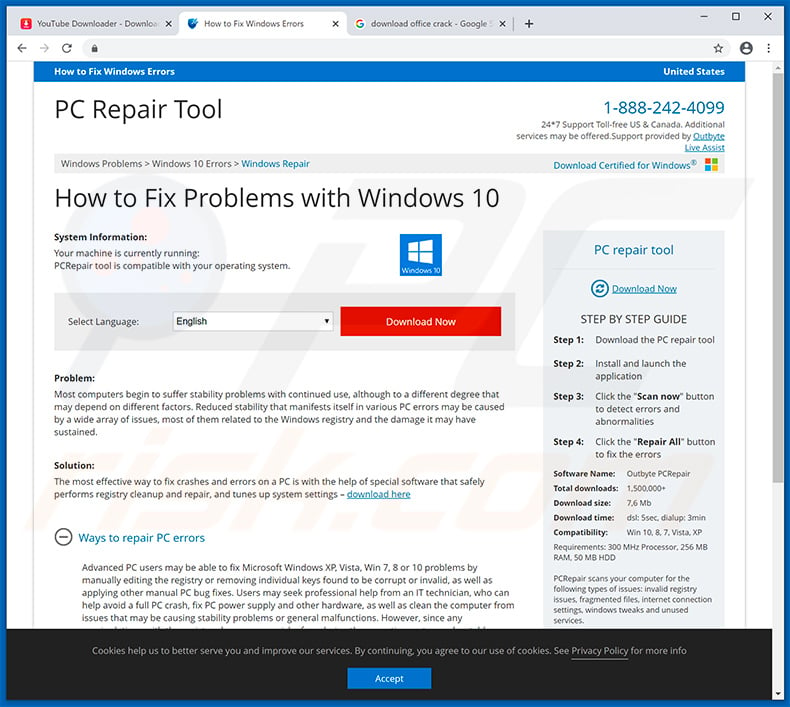 Website that Your Windows 10 is infected with 5 viruses! redirects to