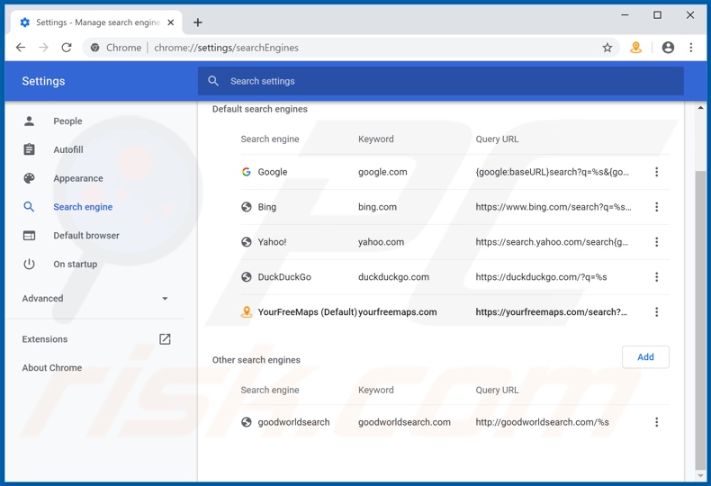 Removing yourfreemaps.com from Google Chrome default search engine