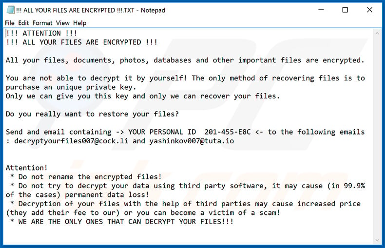 Updated Zeppelin ransom note (!!! ALL YOUR FILES ARE ENCRYPTED !!!.TXT) - April 17, 2020