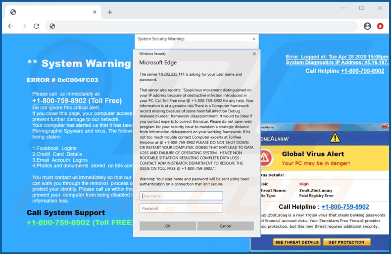 ZoneAlarm Global Virus Alert scam