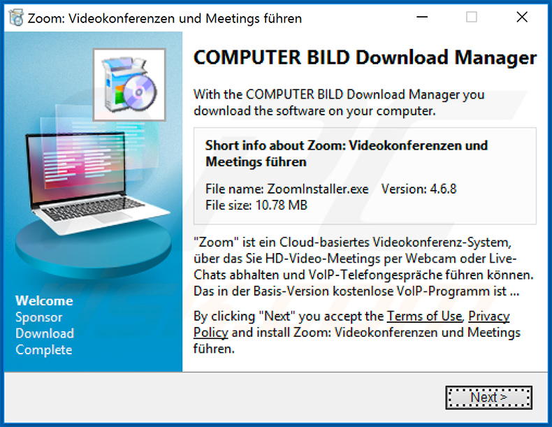 Fake Zoom installer targetting German users