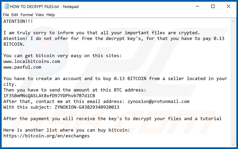 ZyNoXiOn ransomware text file (HOW TO DECRYPT FILES.txt)