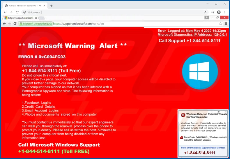 activation security warning scam background page