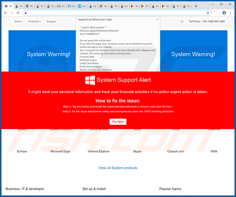 System Warning Alert pop-up scam promoting AnonymoSearch browser hijacker