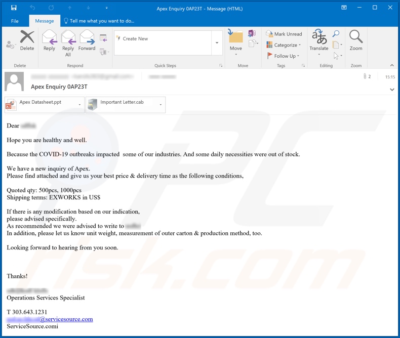 Apex Enquiry malware-spreading email spam campaign