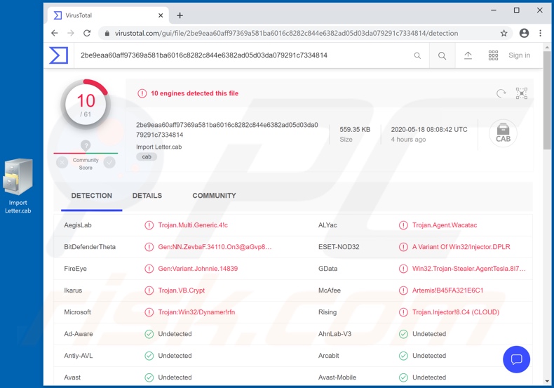 Malicious attachment (Important Letter.cab) detection on VirusTotal