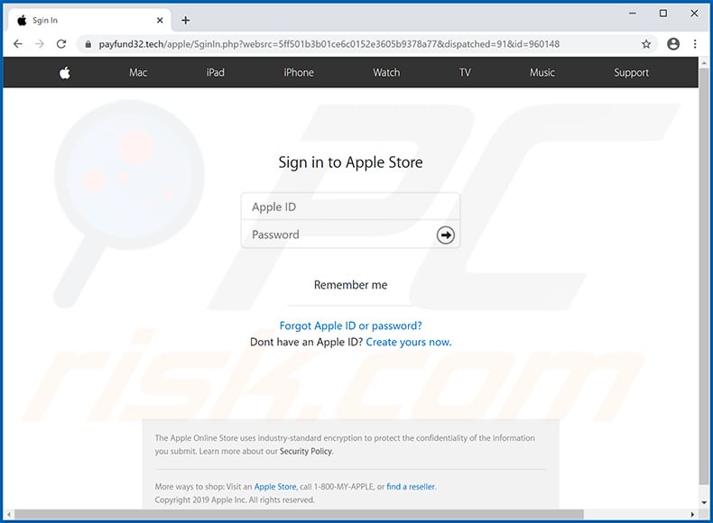 Fake Apple website used for phishing purposes (payfund32.tech)