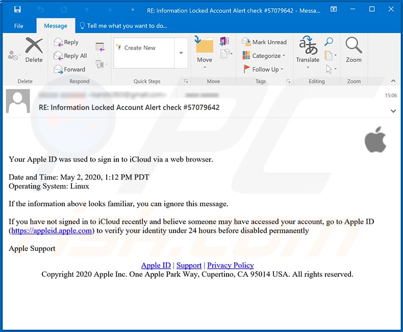 Apple iCloud-related phishing email