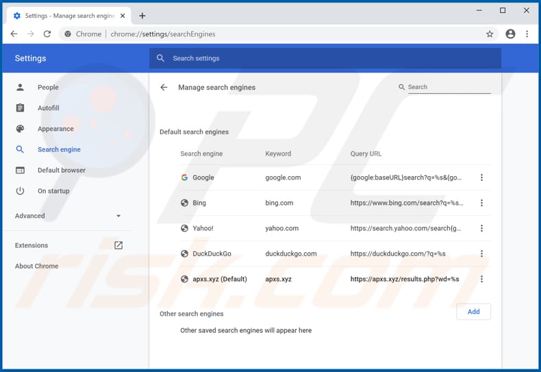 Removing apxs.xyz from Google Chrome default search engine