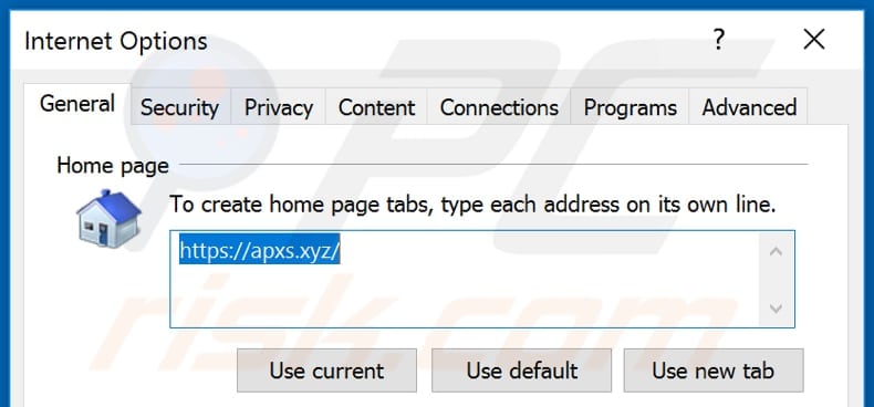 Removing apxs.xyz from Internet Explorer homepage