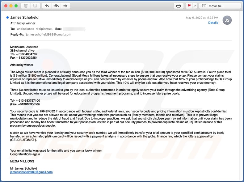Attn Lucky Winner Email Scam email spam campaign