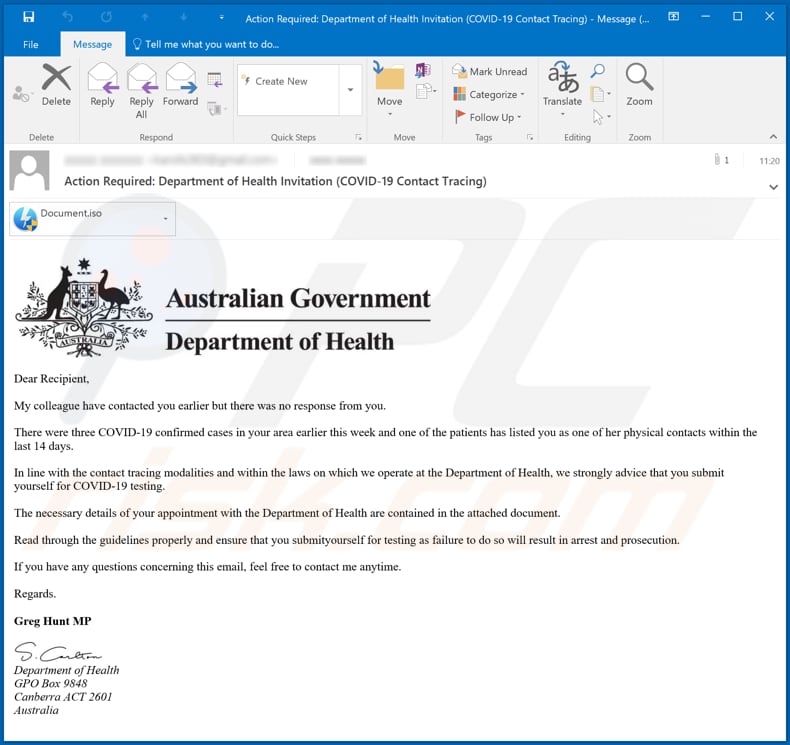 Australian Government Department of Health Email Virus malware-spreading email spam campaign