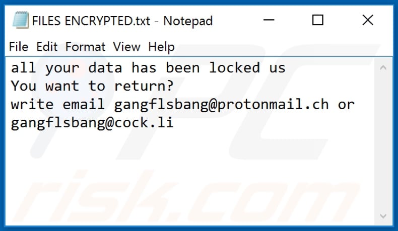 BANG ransomware text file (FILES ENCRYPTED.txt)